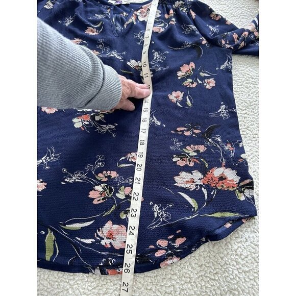 Fun2Fun Navy Blue Floral Boho Kenmore Split Neck Stretch Blouse Size S - Picture 9 of 9